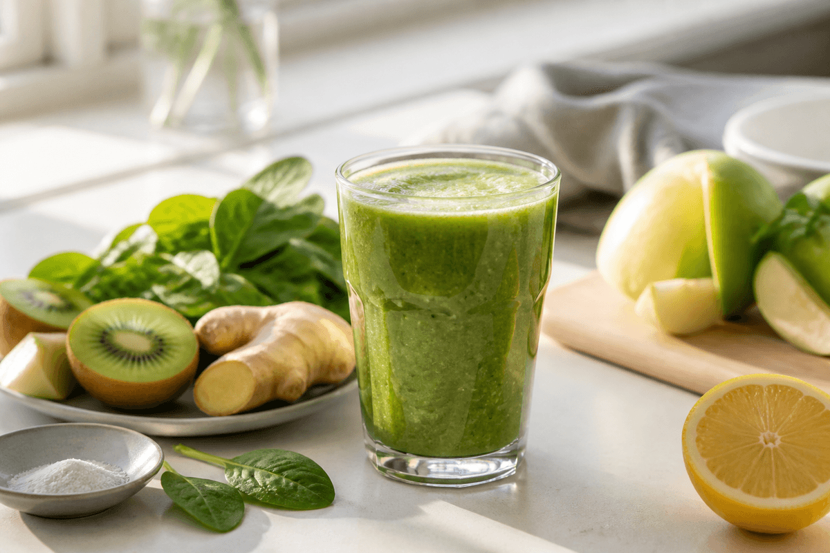 Grøn juice med kiwi anrettet i Madblikkets lyse nordiske billedstil