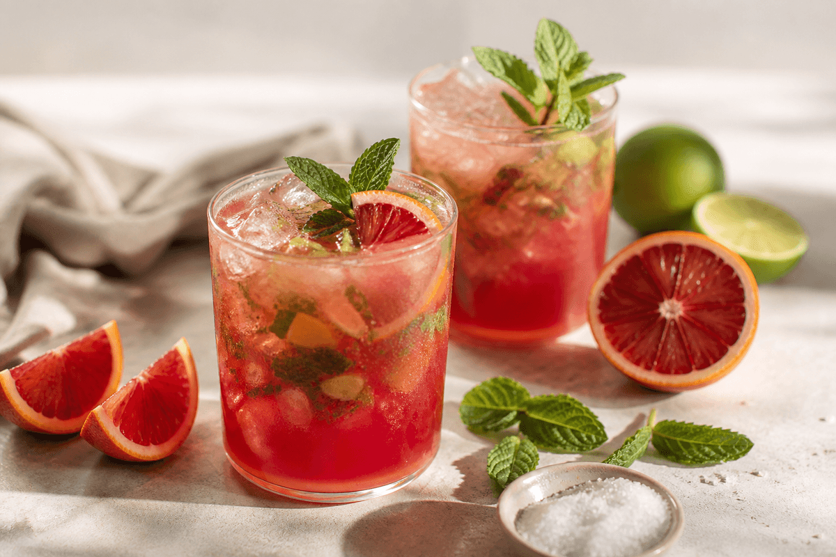 Blodappelsin Mojito anrettet i Madblikkets lyse nordiske billedstil