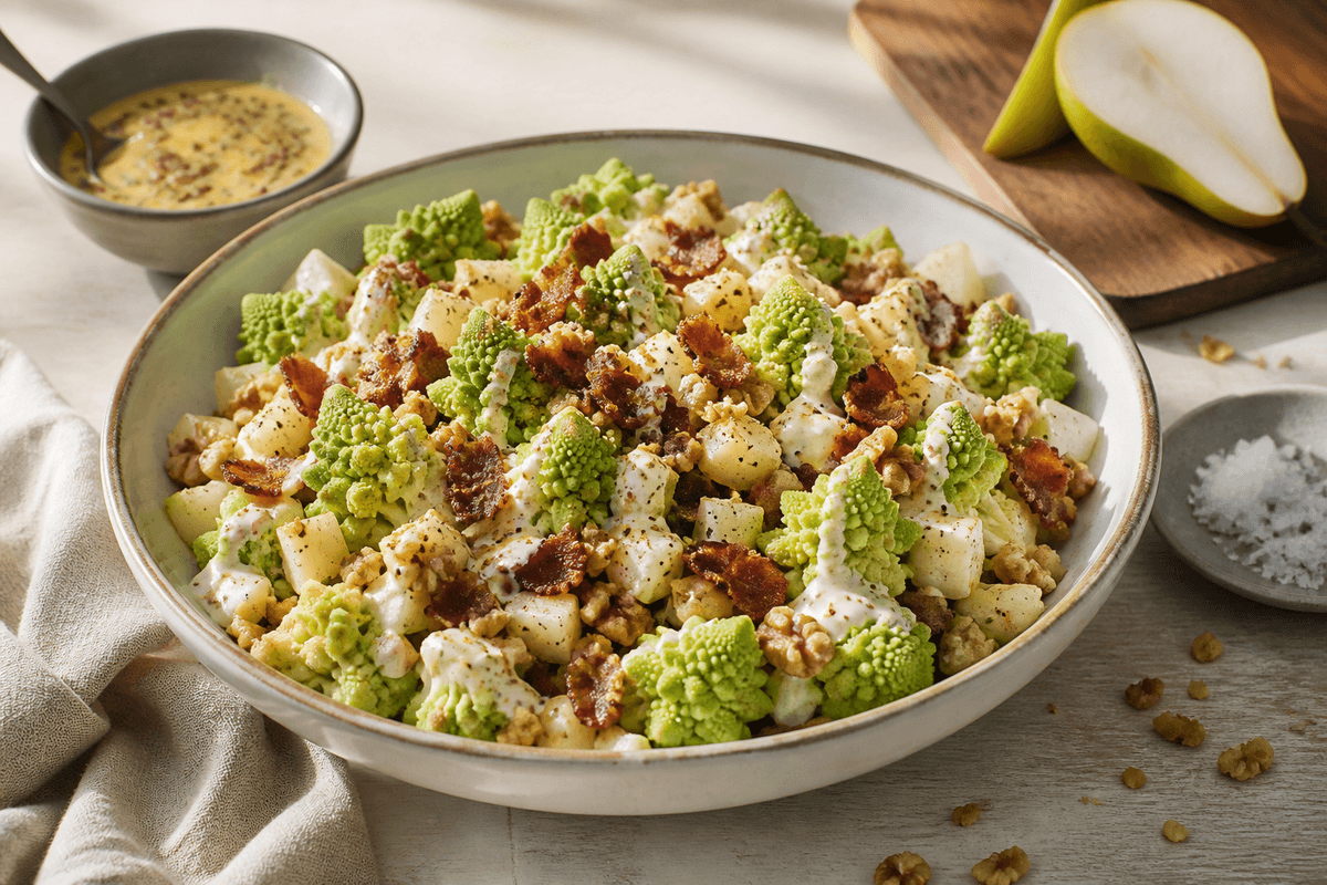 Romanescosalat med pære, bacon og skøn dressing anrettet i Madblikkets lyse nordiske billedstil