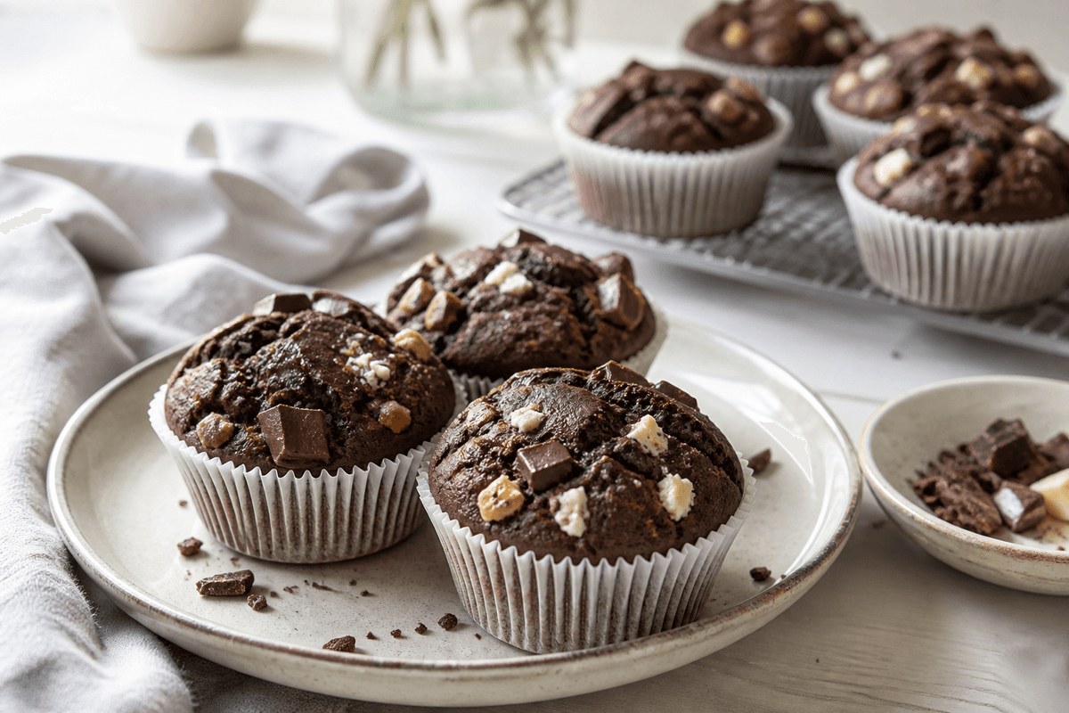 Tripple chokolade cupcakes anrettet i Madblikkets lyse nordiske billedstil