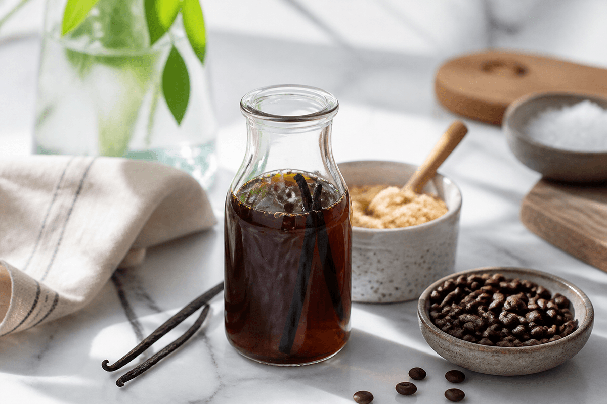 Kaffesirup anrettet i Madblikkets lyse nordiske billedstil