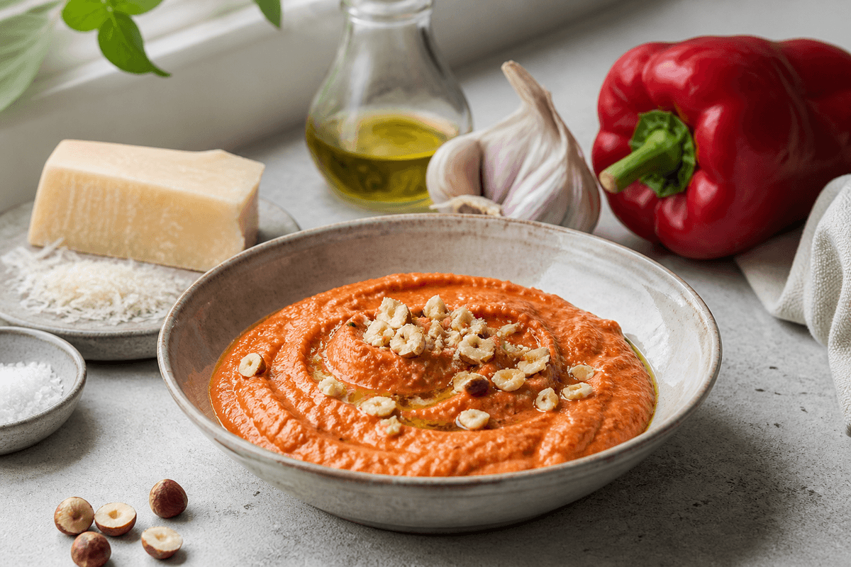 Peberfrugt pesto med hasselnødder anrettet i Madblikkets lyse nordiske billedstil