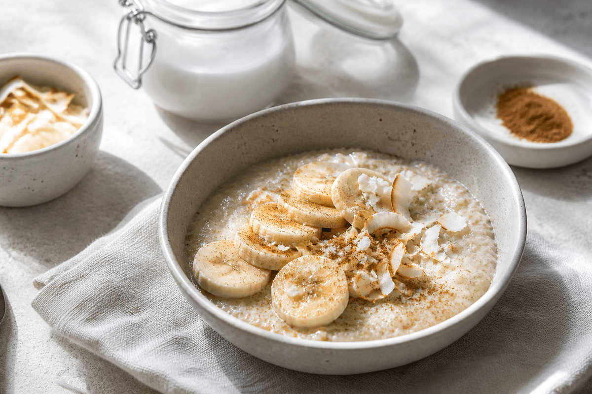 Quinoagrød med kokos og banan anrettet i Madblikkets lyse nordiske billedstil