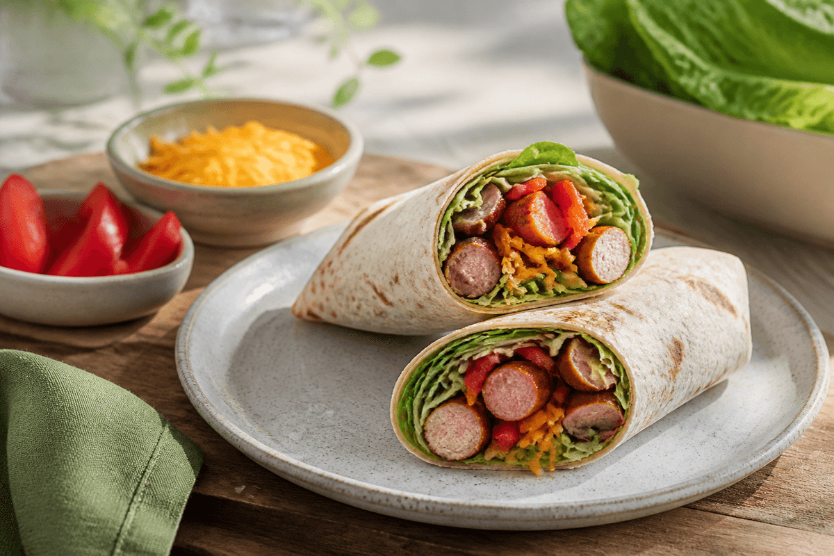 Wraps med peberfrugt og pølse anrettet i Madblikkets lyse nordiske billedstil