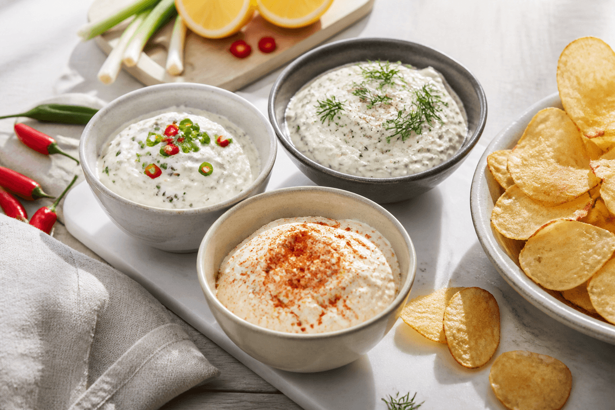 3 x hjemmelavet dip til chips anrettet i Madblikkets lyse nordiske billedstil