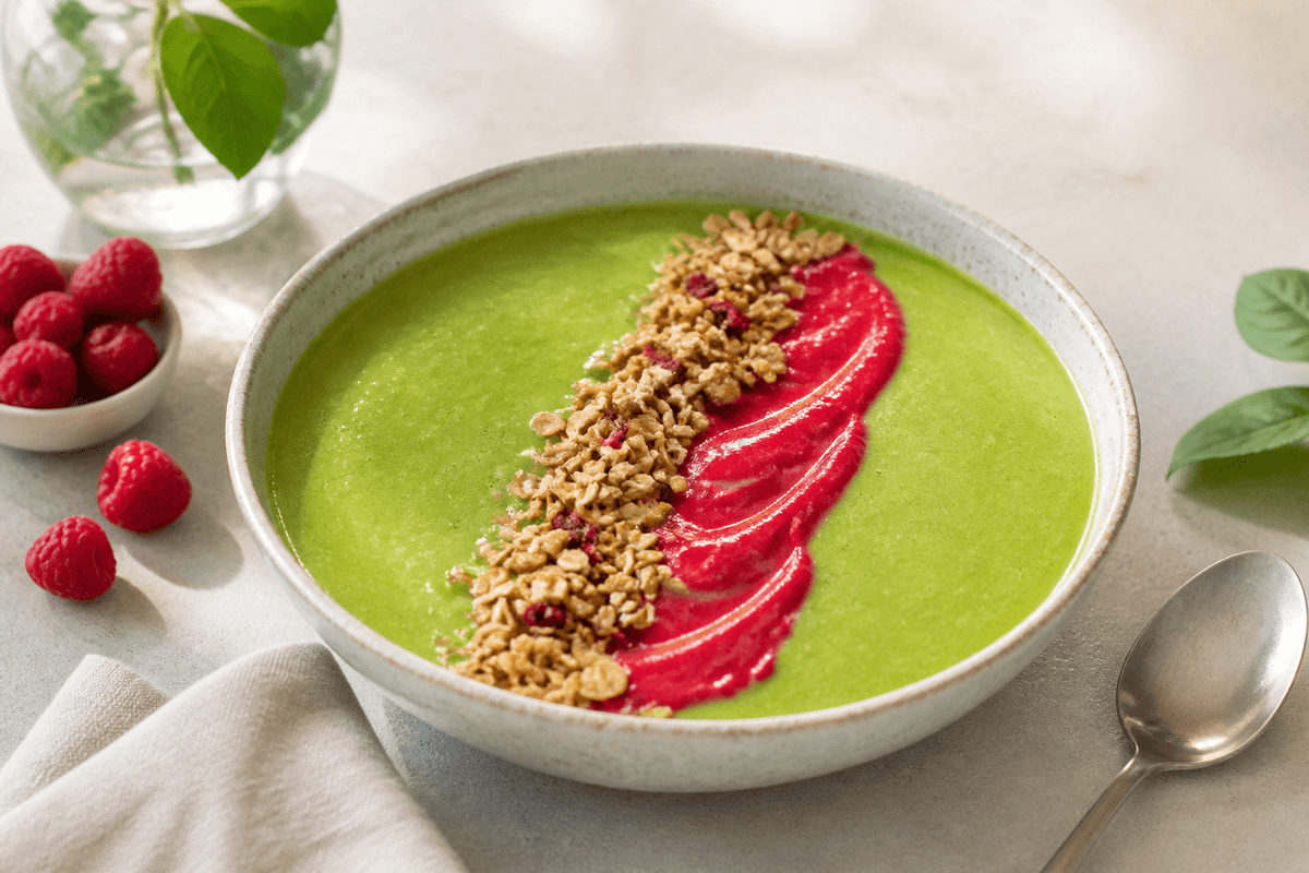 Grøn smoothiebowl med hindbær anrettet i Madblikkets lyse nordiske billedstil