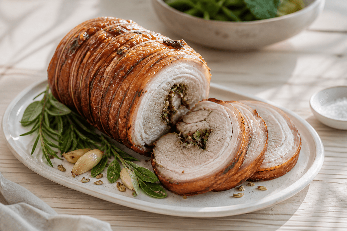 Porchetta anrettet i Madblikkets lyse nordiske billedstil