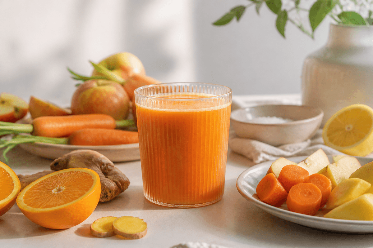Orange grøntsagsjuice anrettet i Madblikkets lyse nordiske billedstil