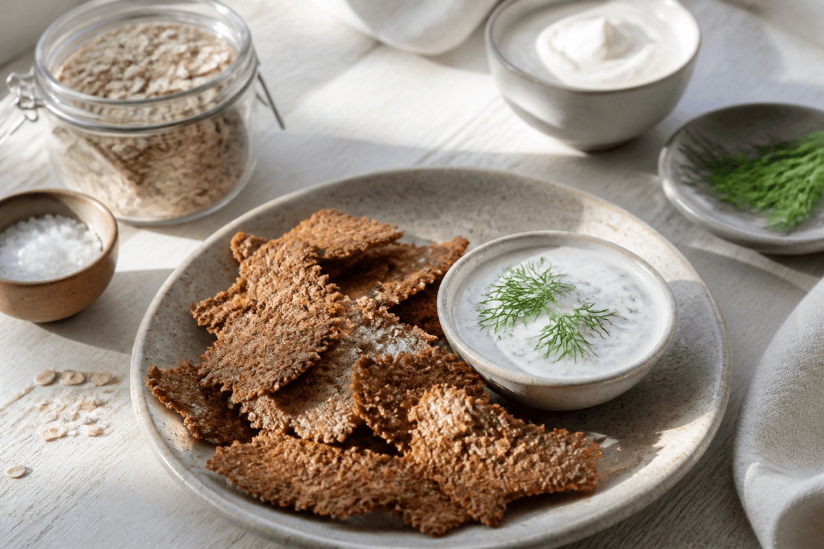 Sprøde grødchips med dilddip anrettet i Madblikkets lyse nordiske billedstil