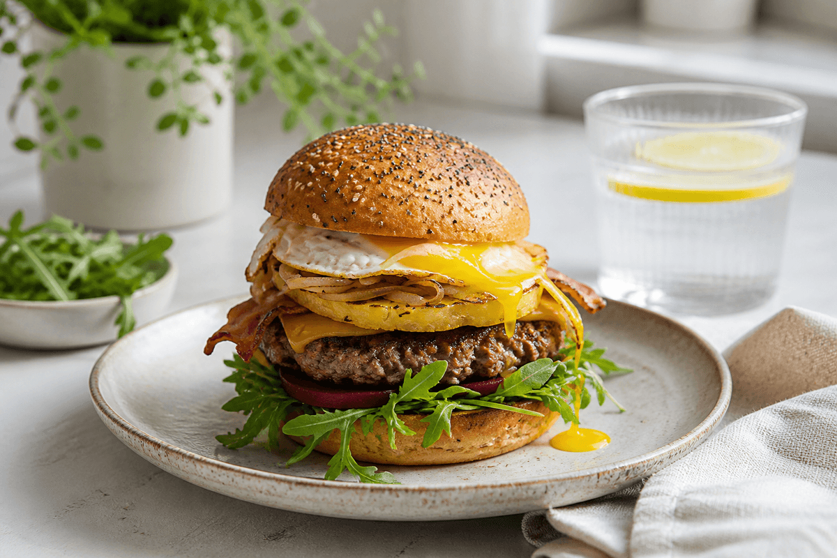 Aussie burger anrettet i Madblikkets lyse nordiske billedstil