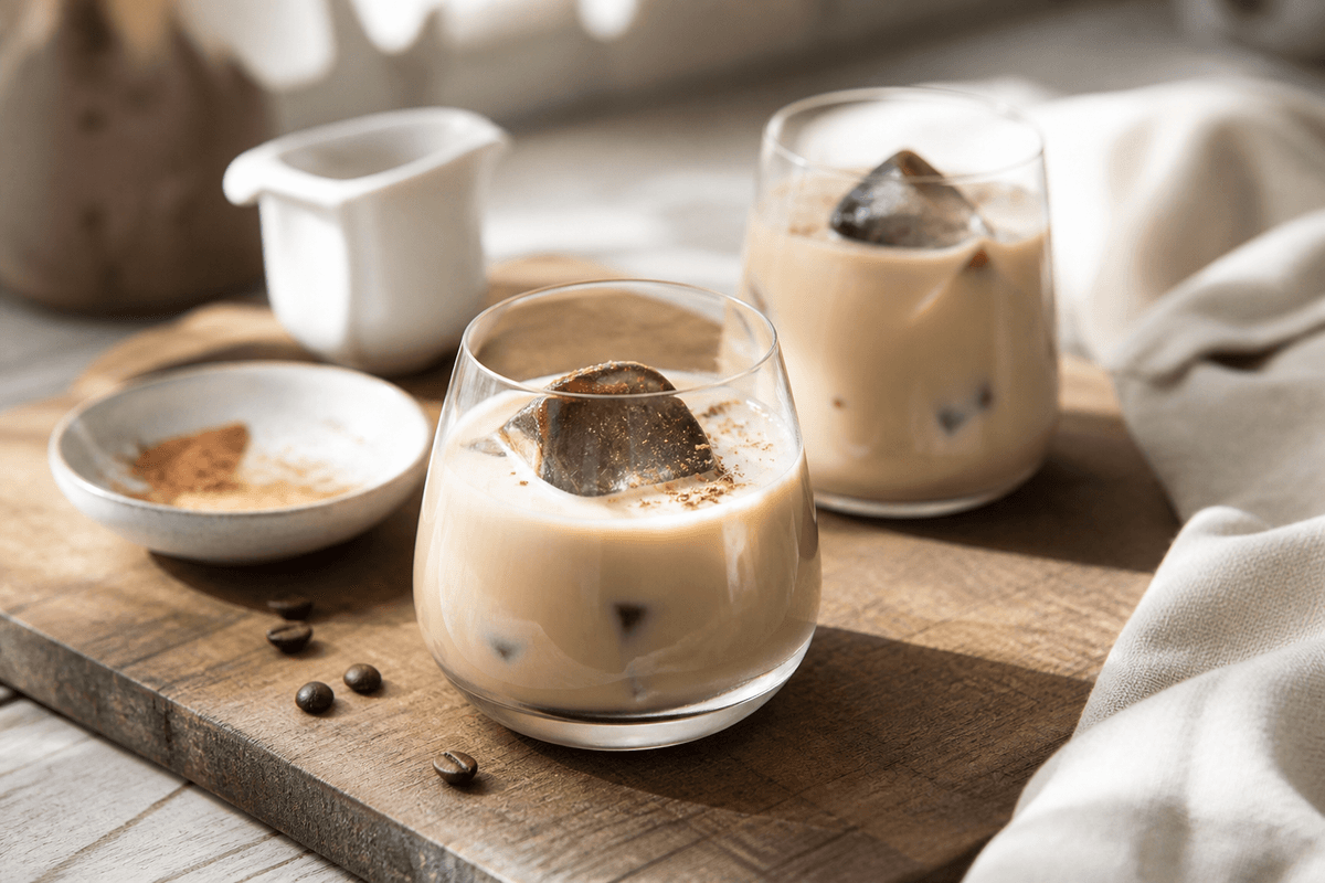 Baileys med kaffe isterninger anrettet i Madblikkets lyse nordiske billedstil