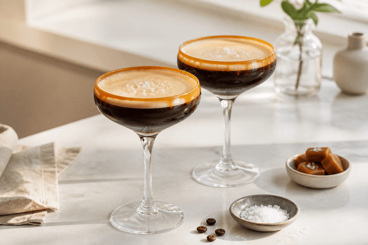 Espresso Martini med saltkaramel anrettet i Madblikkets lyse nordiske billedstil
