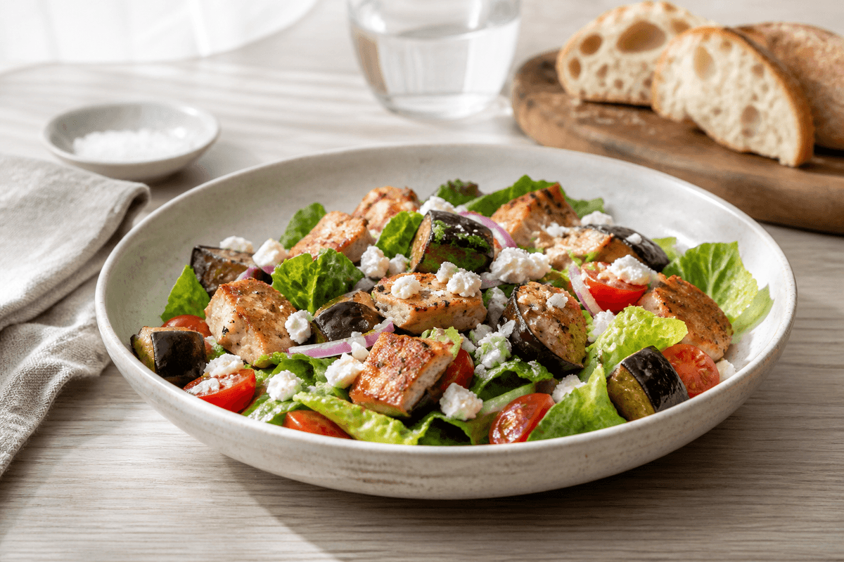Salat med Kylling og aubergine anrettet i Madblikkets lyse nordiske billedstil