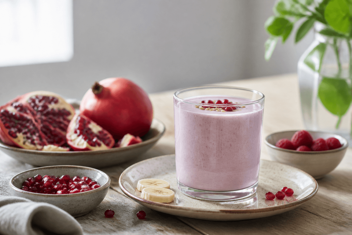 Granatæble Smoothie anrettet i Madblikkets lyse nordiske billedstil
