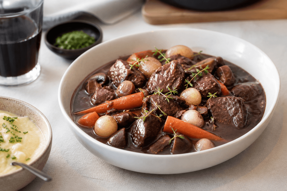 Boeuf Bourguignon anrettet i Madblikkets lyse nordiske billedstil