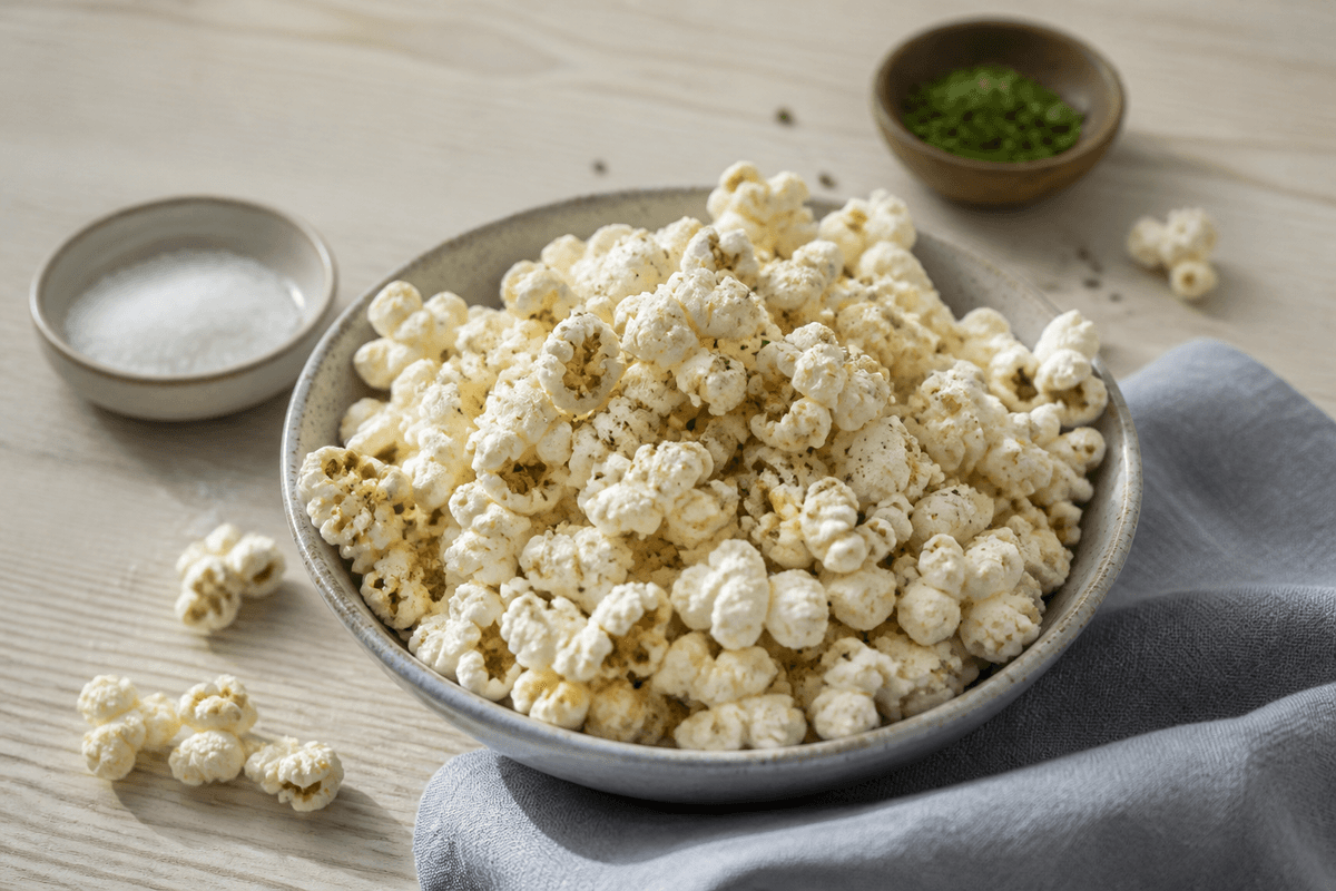 Sourcream & Onion Popcorn anrettet i Madblikkets lyse nordiske billedstil