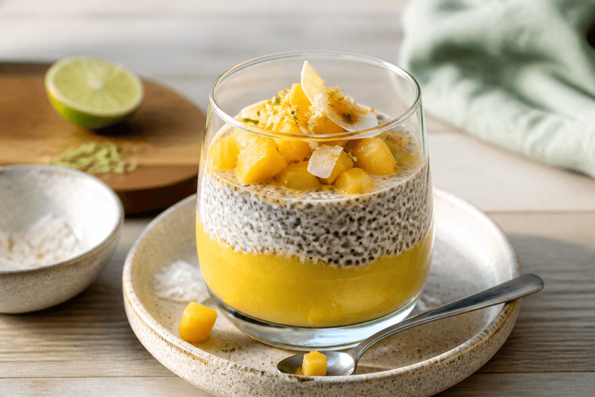 Chia Budding med mango anrettet i Madblikkets lyse nordiske billedstil