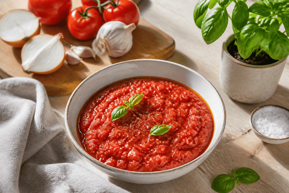 Tomatsauce anrettet i Madblikkets lyse nordiske billedstil