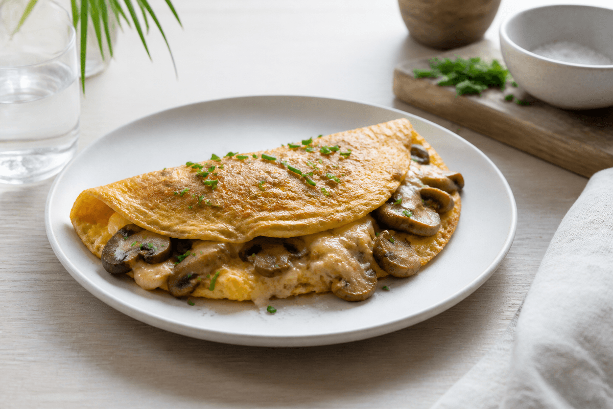 Omelet med svampe og ost anrettet i Madblikkets lyse nordiske billedstil