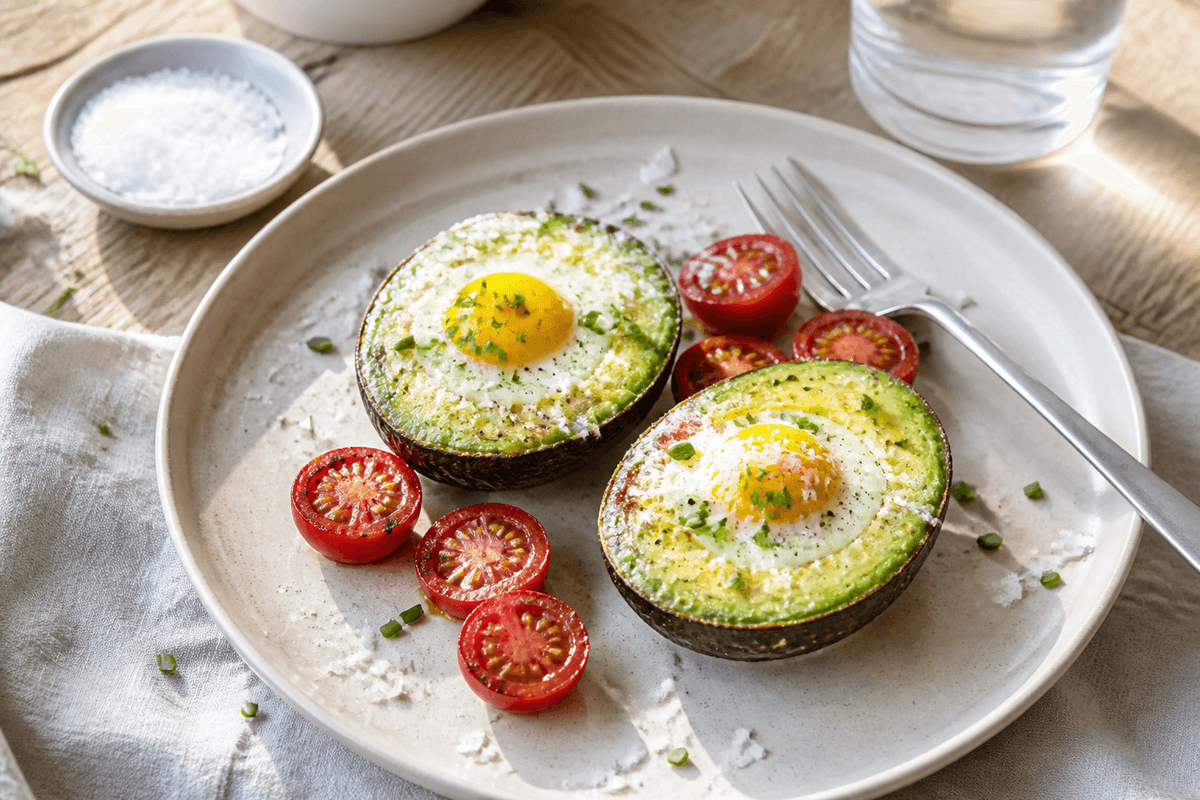Bagt avocado med æg anrettet i Madblikkets lyse nordiske billedstil