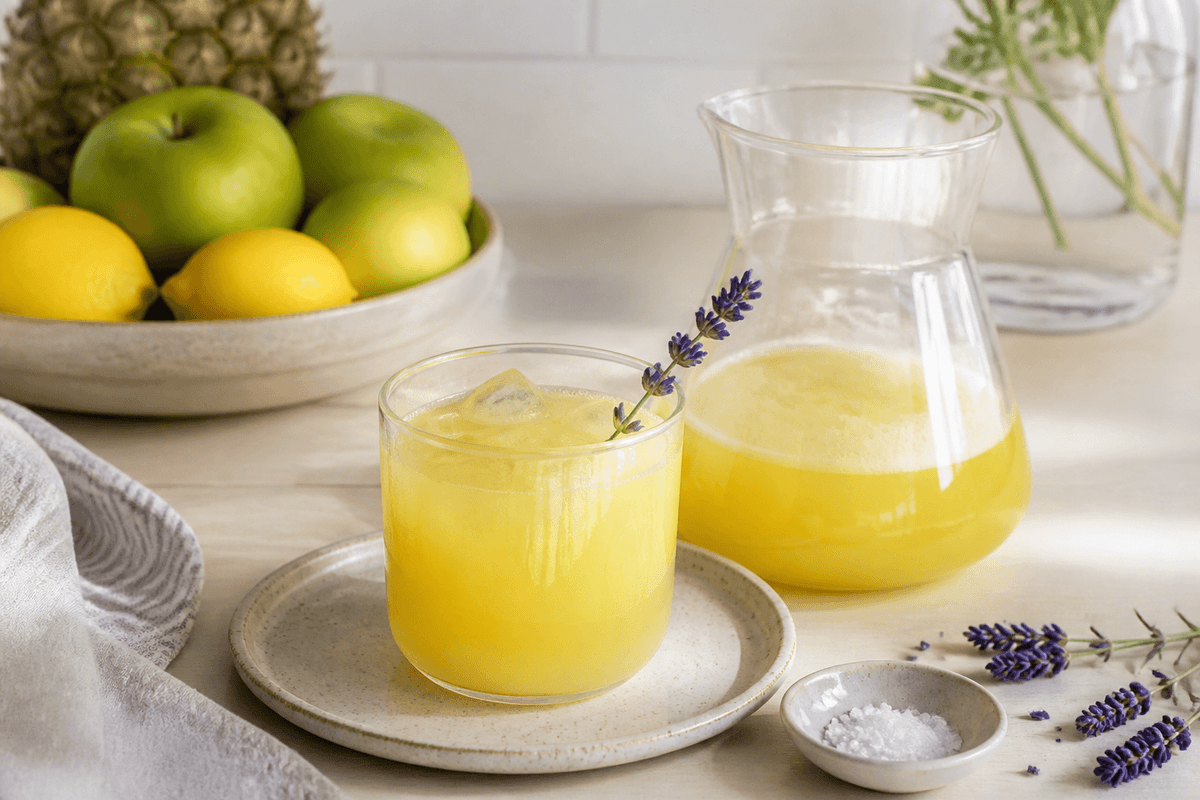 Ananas Lavendel Juice anrettet i Madblikkets lyse nordiske billedstil