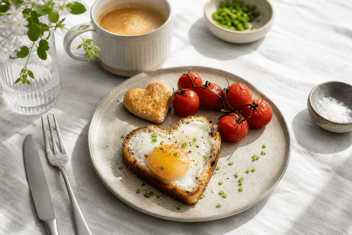 Romantisk morgenmad og hjertetoast med æg anrettet i Madblikkets lyse nordiske billedstil