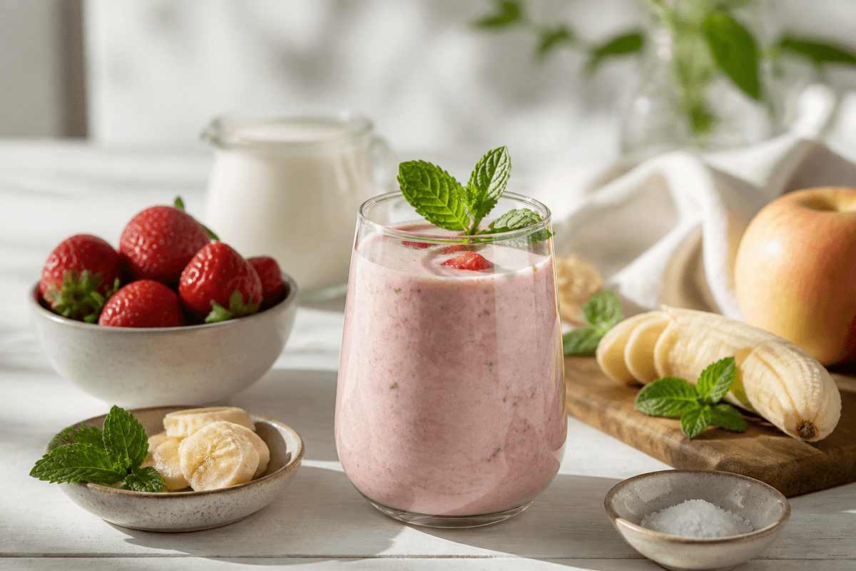 Smoothie med mynte og jordbær anrettet i Madblikkets lyse nordiske billedstil