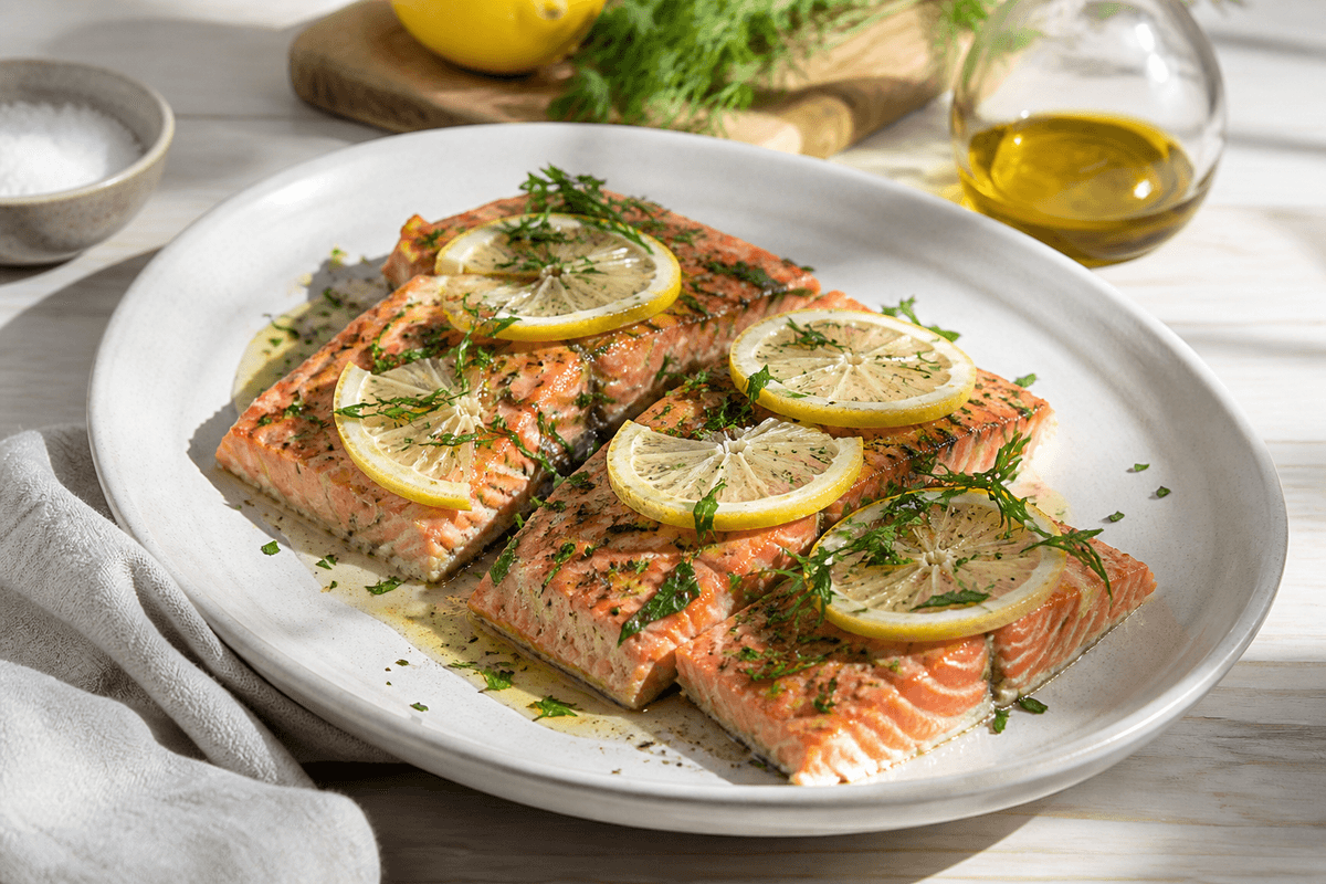 Laks på grill med citron og krydderurter anrettet i Madblikkets lyse nordiske billedstil