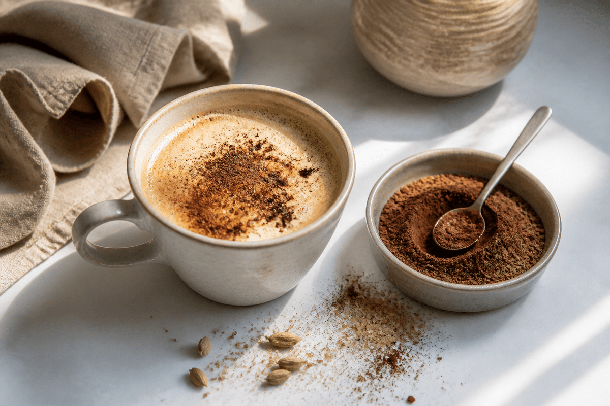 Krydret kakaodrys til en god kop kaffe anrettet i Madblikkets lyse nordiske billedstil