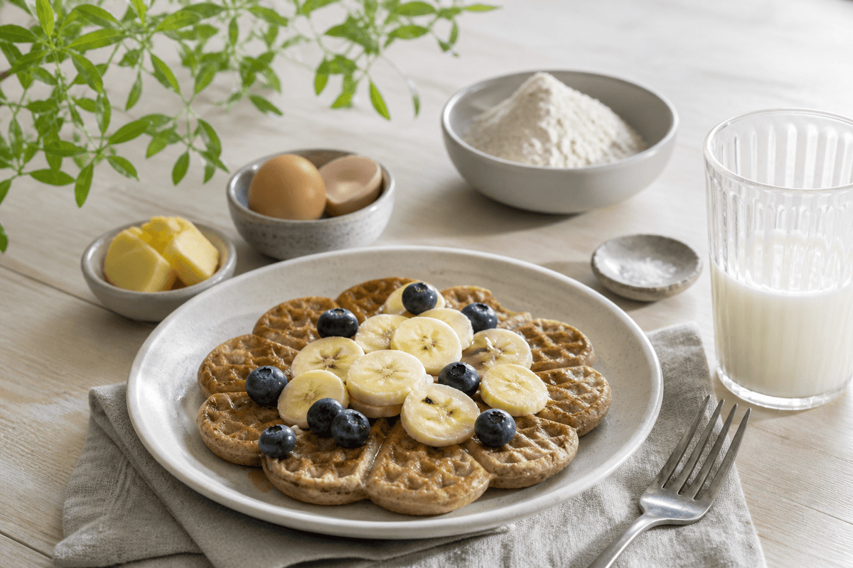 Morgenmadsvafler med boghvede anrettet i Madblikkets lyse nordiske billedstil