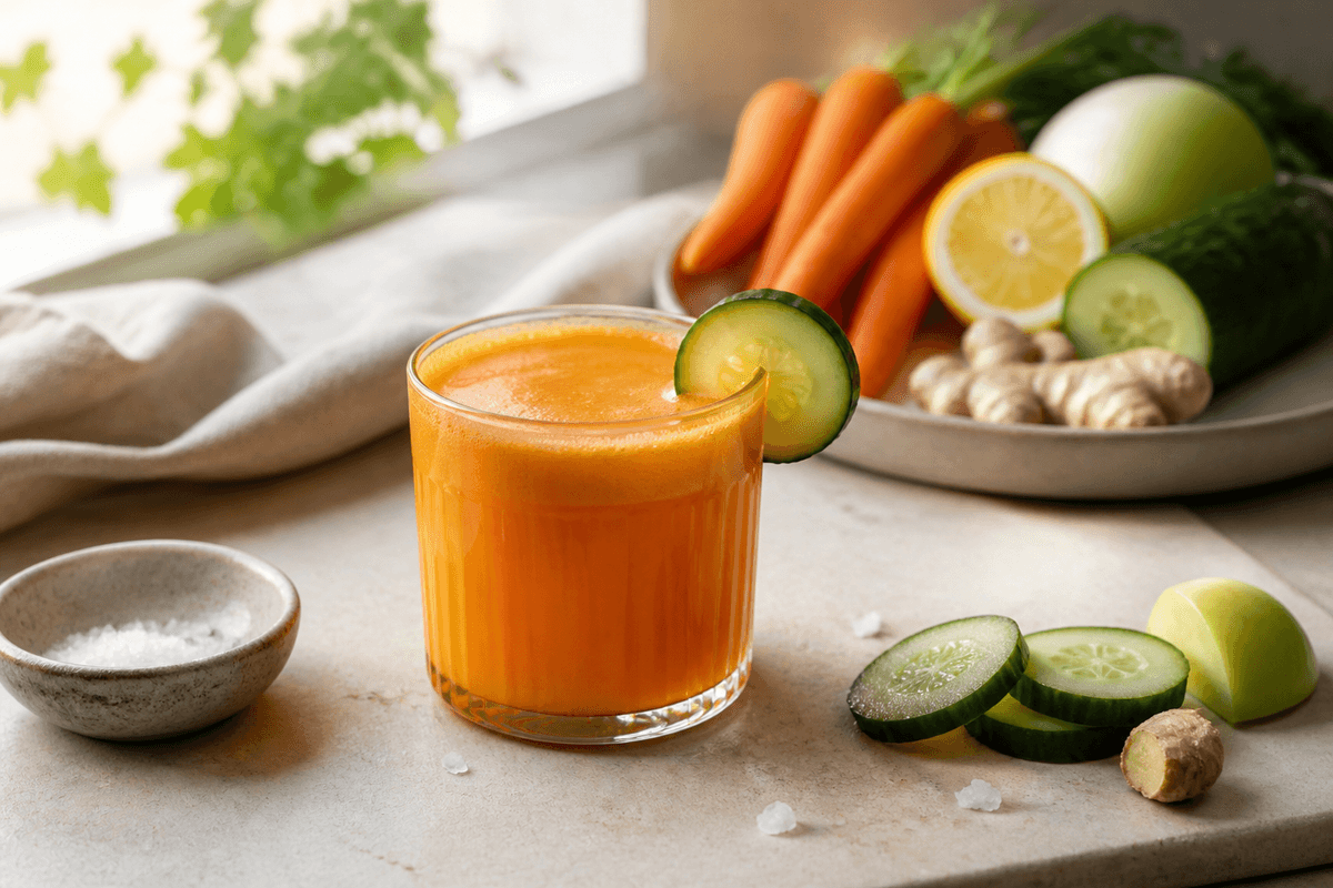 Gulerodsjuice med agurk anrettet i Madblikkets lyse nordiske billedstil
