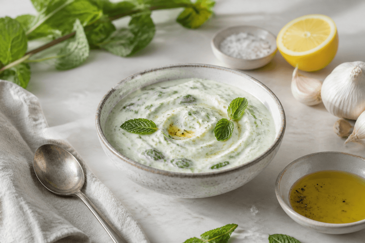 Mynteyoghurt anrettet i Madblikkets lyse nordiske billedstil