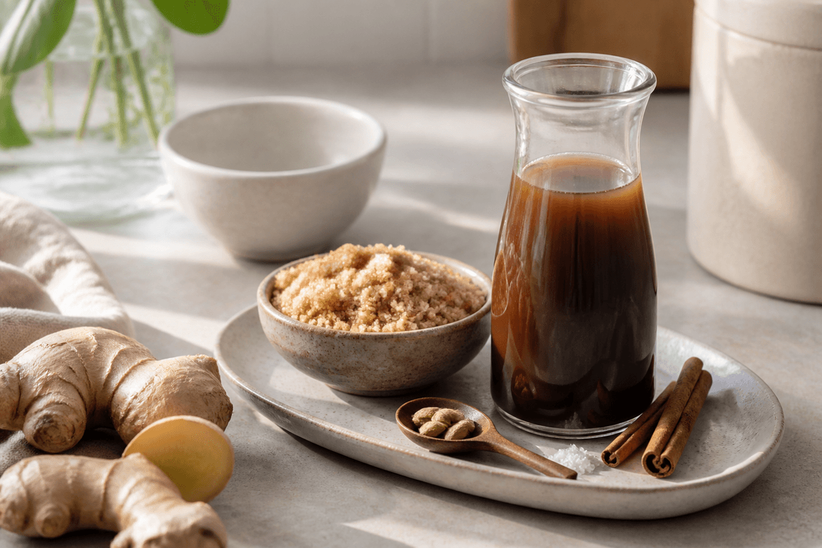 Spicy Ginger Syrup - En perfekt ledsager til latte og chai anrettet i Madblikkets lyse nordiske billedstil