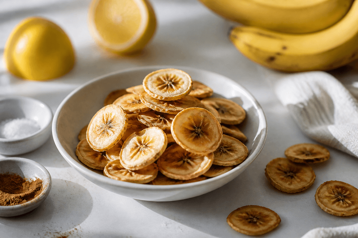 Bananchips anrettet i Madblikkets lyse nordiske billedstil