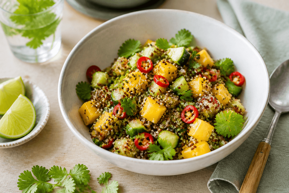 Quinoa salat med mango og chili anrettet i Madblikkets lyse nordiske billedstil