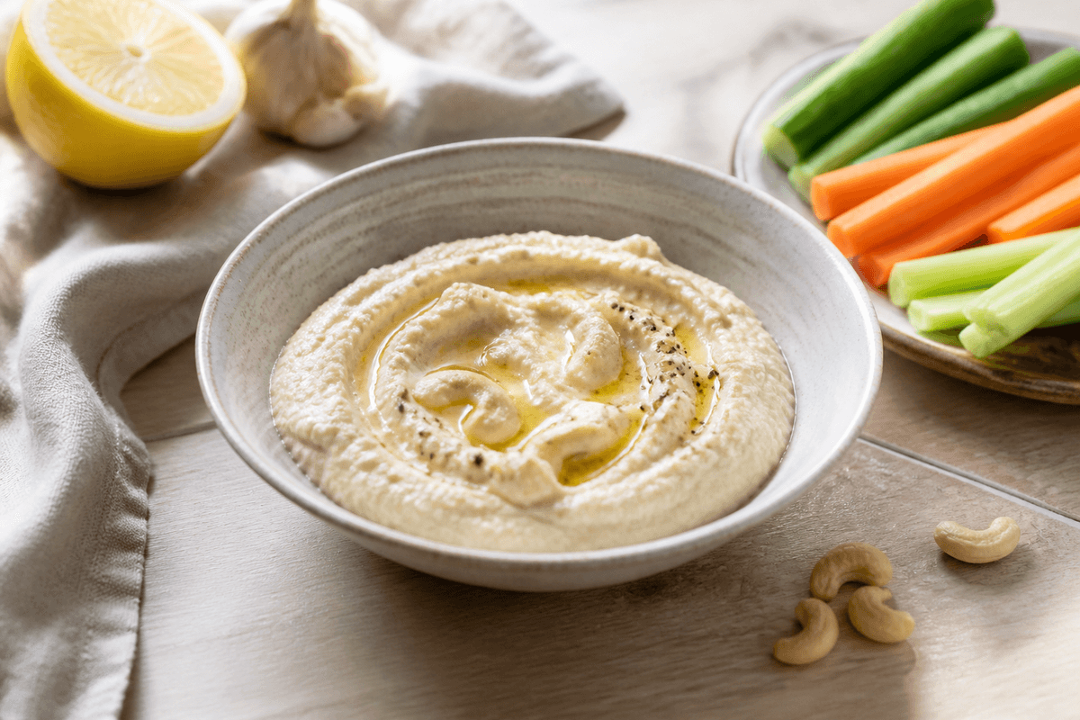 Cashewnød dip anrettet i Madblikkets lyse nordiske billedstil