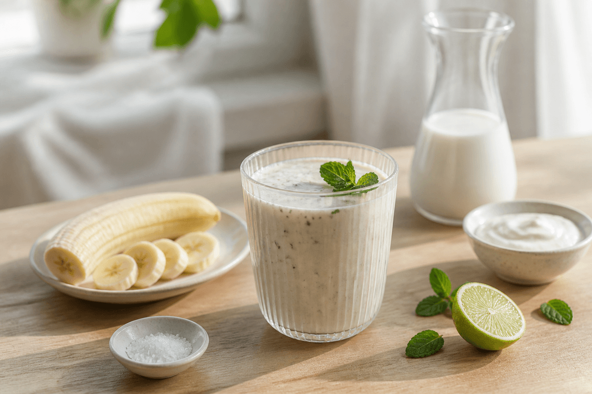 Banan & mynte shake anrettet i Madblikkets lyse nordiske billedstil