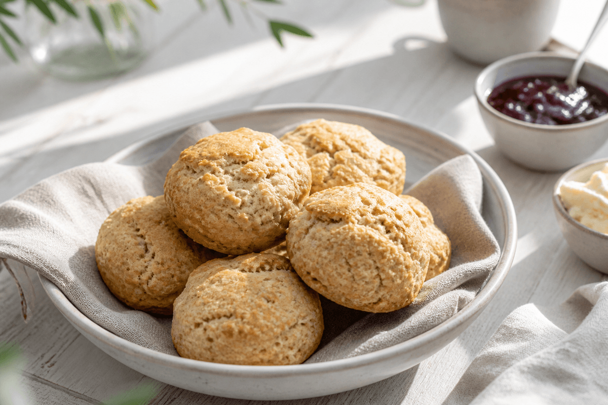 Scones anrettet i Madblikkets lyse nordiske billedstil