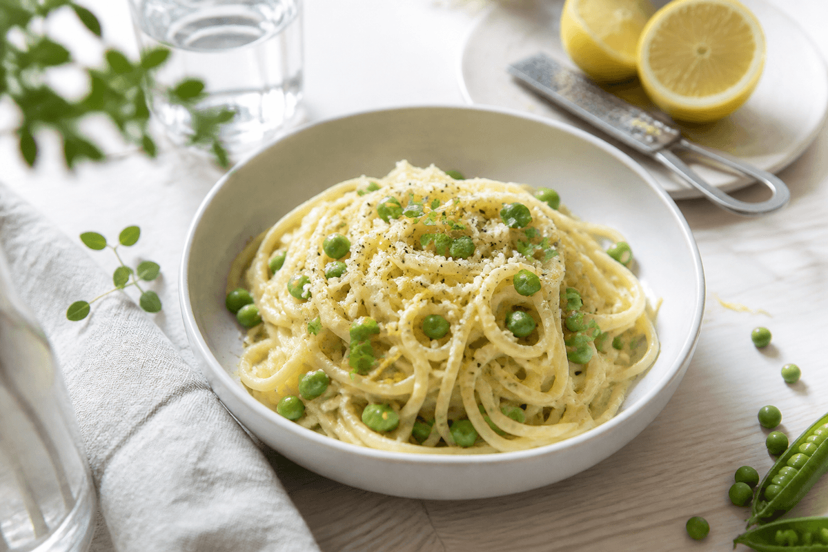 Pasta med ærter og citron anrettet i Madblikkets lyse nordiske billedstil