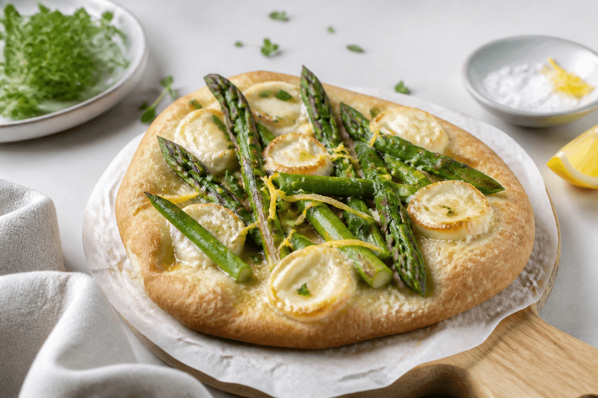 Mini pizza med asparges anrettet i Madblikkets lyse nordiske billedstil