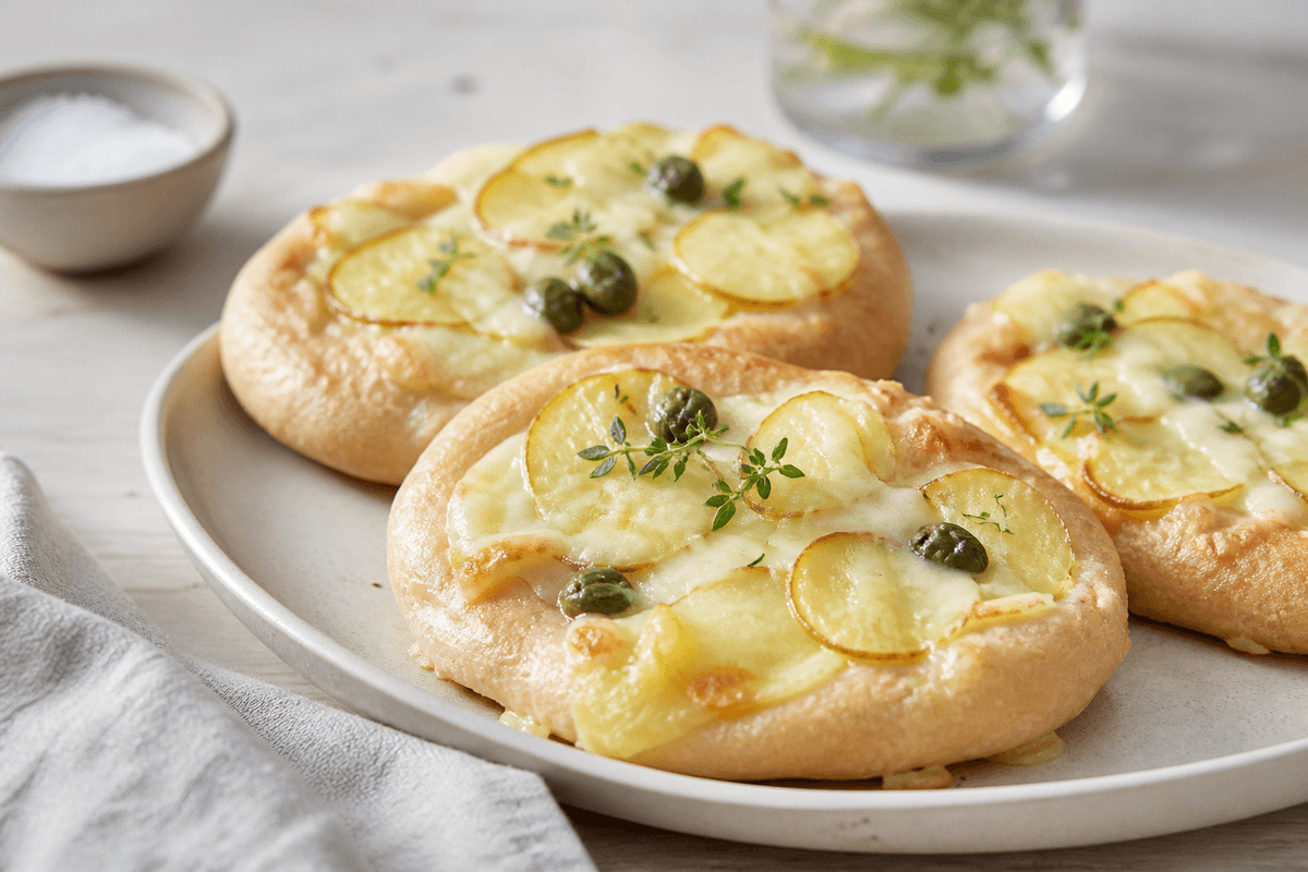 Mini pizza med kartoffel og kapers anrettet i Madblikkets lyse nordiske billedstil