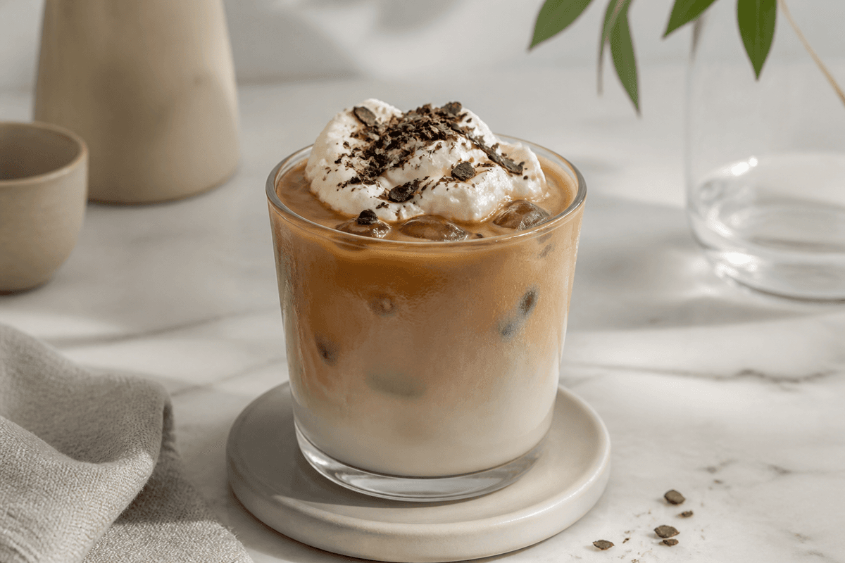 Iced Dolce Latte anrettet i Madblikkets lyse nordiske billedstil
