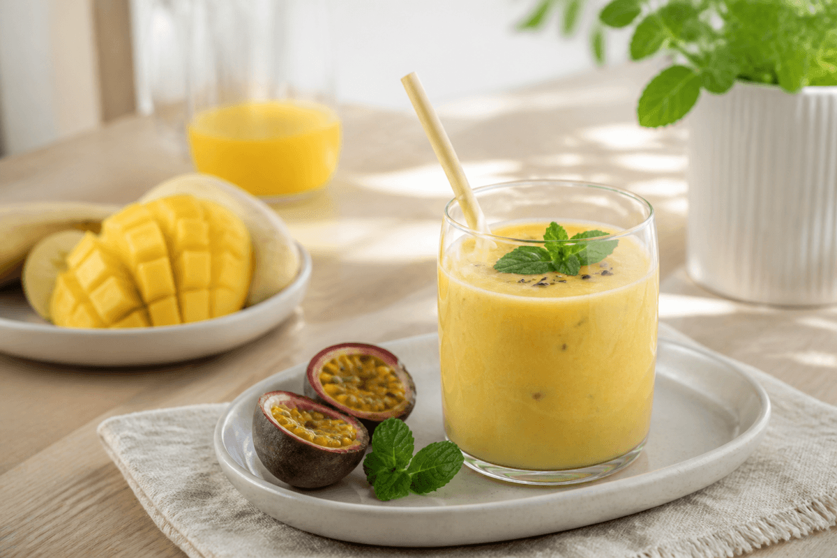 Smoothie med passionsfrugt, mango og mynte anrettet i Madblikkets lyse nordiske billedstil