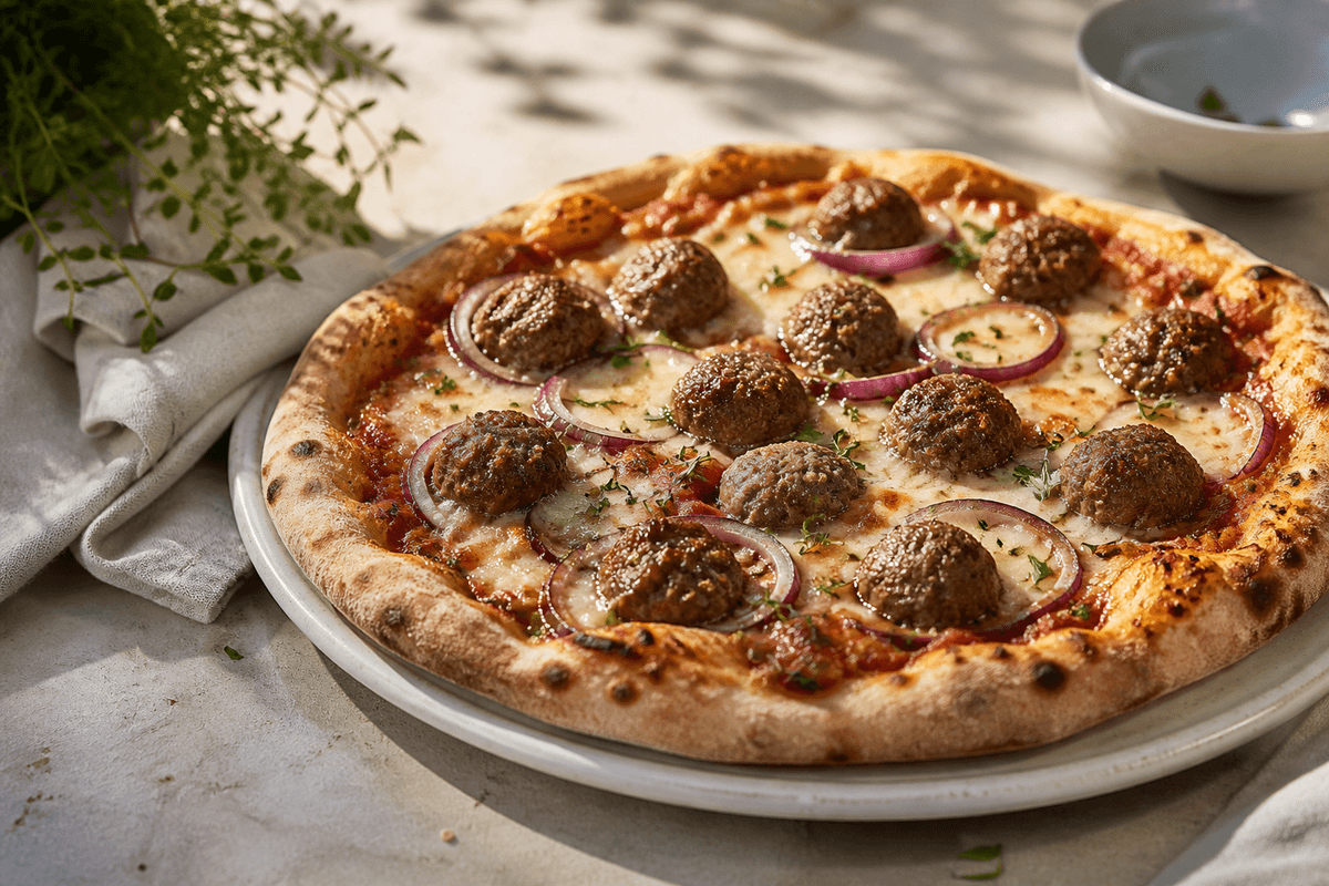 Pizza med kødboller anrettet i Madblikkets lyse nordiske billedstil