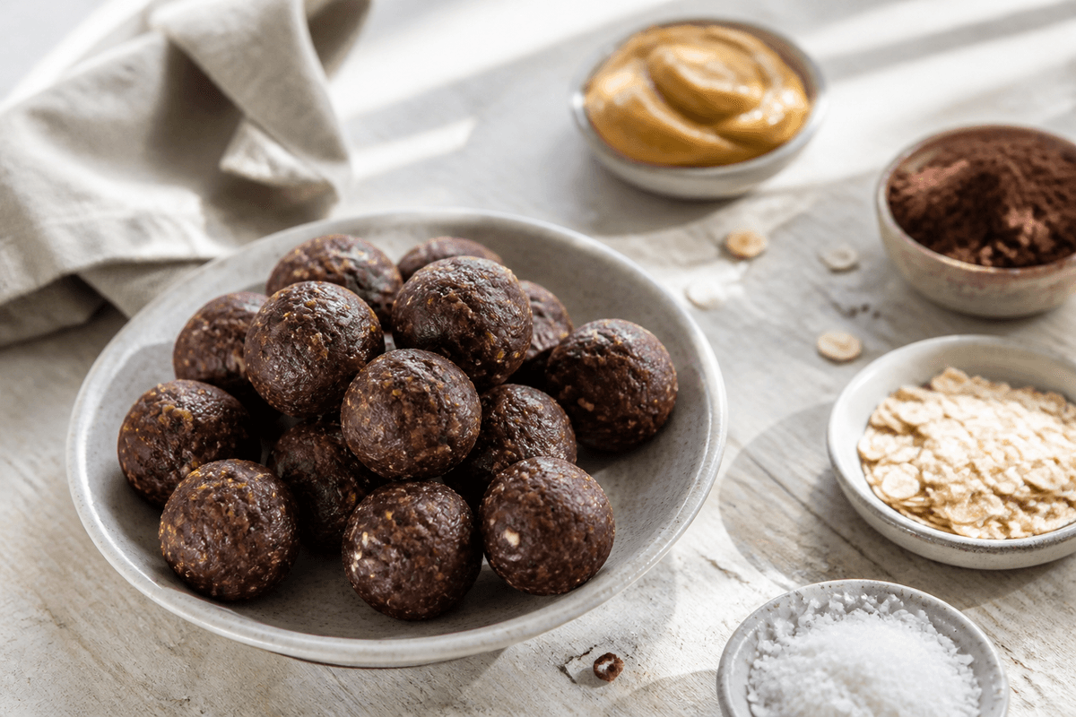 Sunde chokolade kugler anrettet i Madblikkets lyse nordiske billedstil