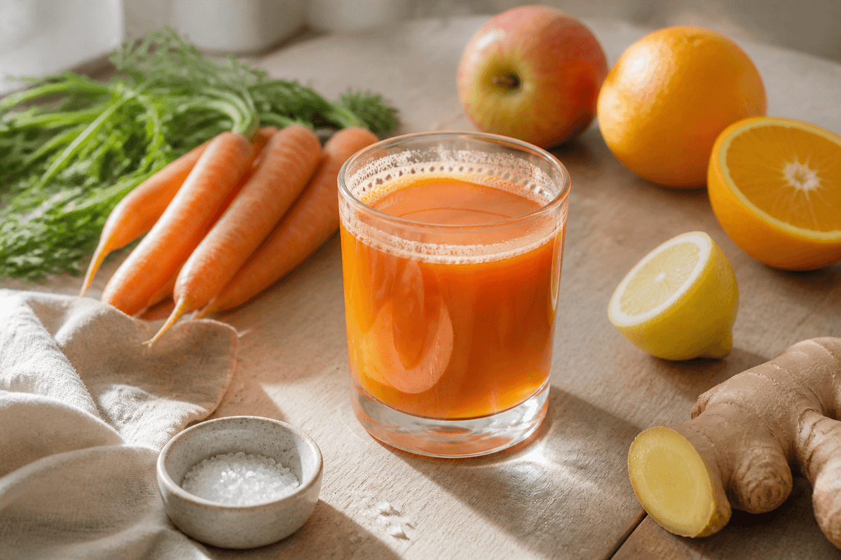 Gulerodsjuice anrettet i Madblikkets lyse nordiske billedstil