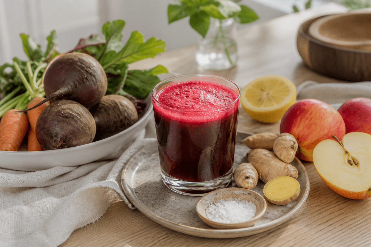Rødbedejuice med ingefær og æble anrettet i Madblikkets lyse nordiske billedstil
