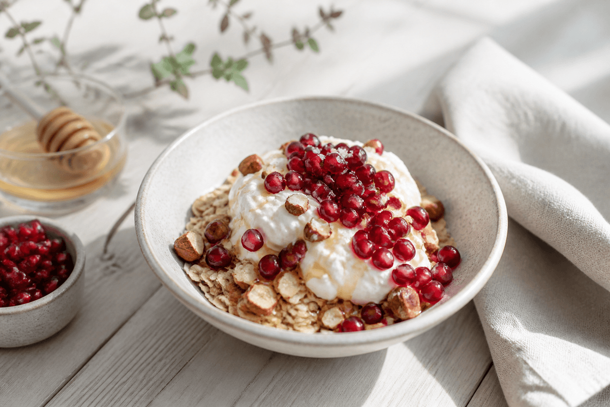 Morgenmad med skyr og granatæble anrettet i Madblikkets lyse nordiske billedstil
