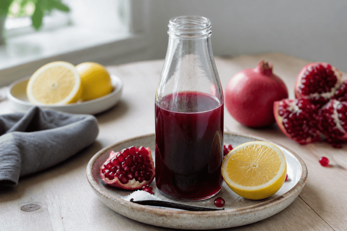 Granatæblesirup anrettet i Madblikkets lyse nordiske billedstil