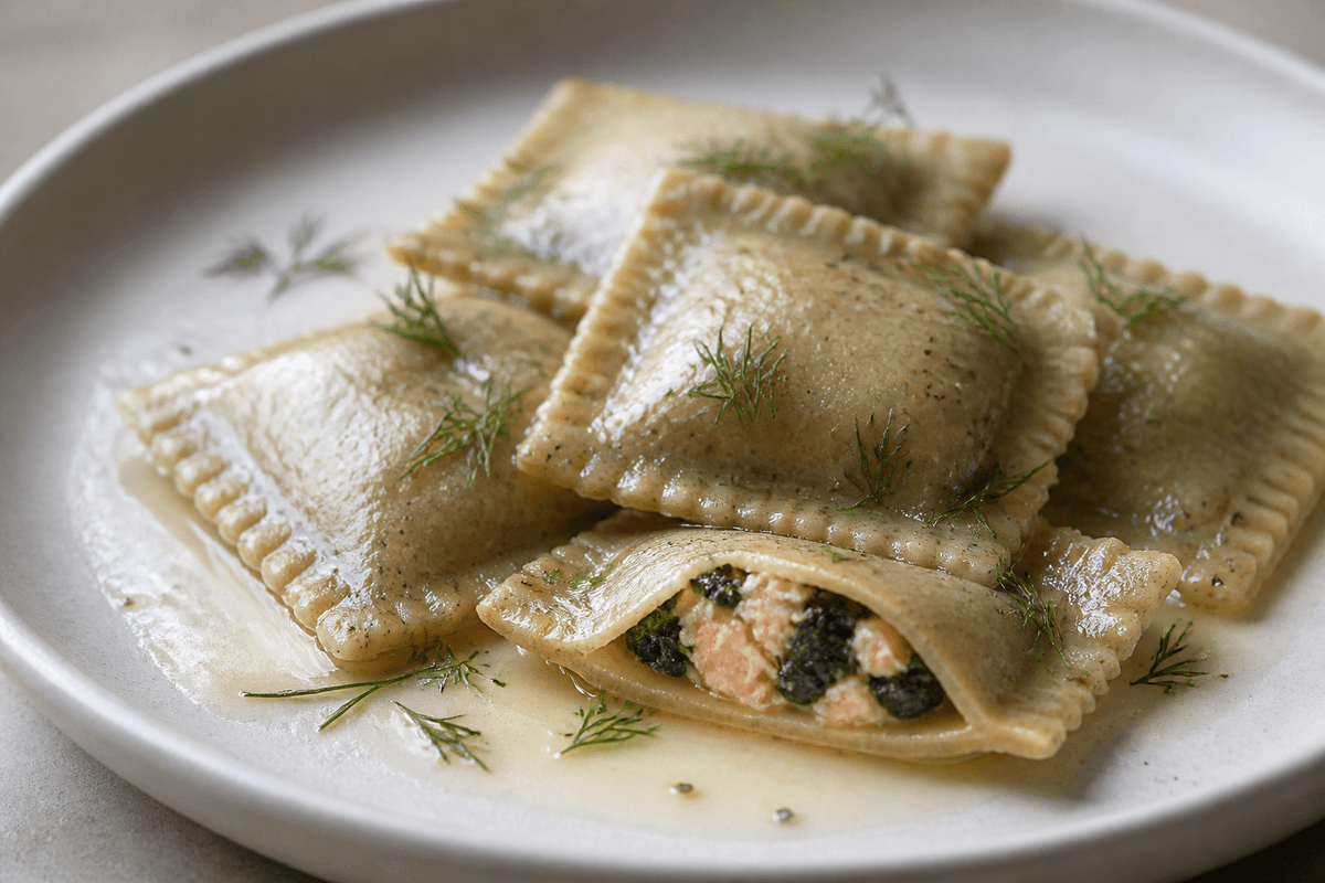 Ravioli af fuldkornsdurum med laks og spinat anrettet i Madblikkets lyse nordiske billedstil